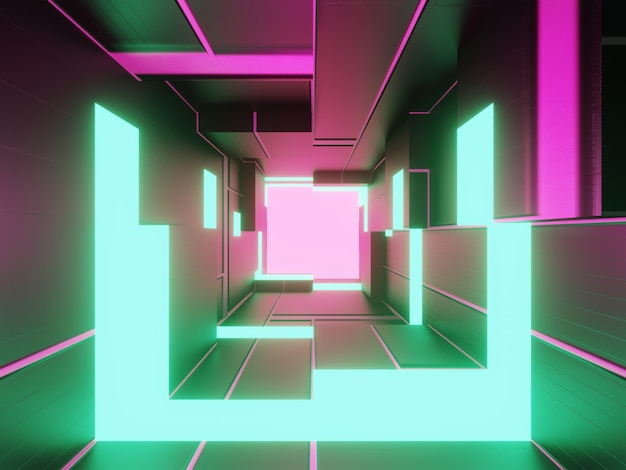 sala de tecnología futurista abstracta con neón verde y rosa