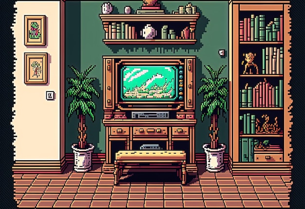 Sala de televisión de arte de píxeles de una casa antigua fondo de muebles antiguos en estilo retro para juego de 8 bits AI