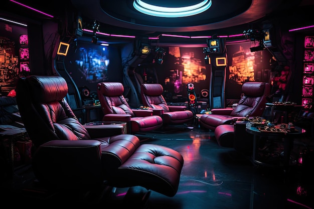 Foto sala temática de cinema com poltronas reclináveis e ia geradora de tela