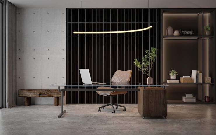Sala de trabajo de estilo loftl moderno con suelo de hormigón y madera3d renderización