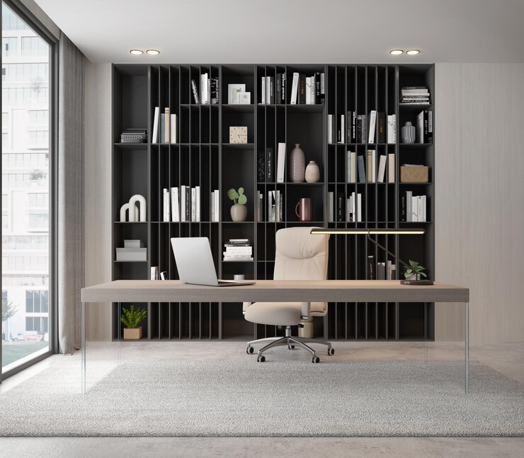 Sala de trabajo de estilo lujo moderno con escritorio de madera renderización 3d
