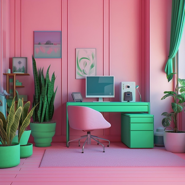 Una sala de trabajo rosa con plantas verdes y una silla rosa.