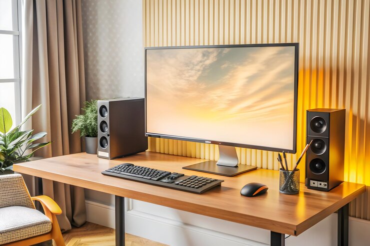 Sala de transmisión vacía con una computadora profesional y potente