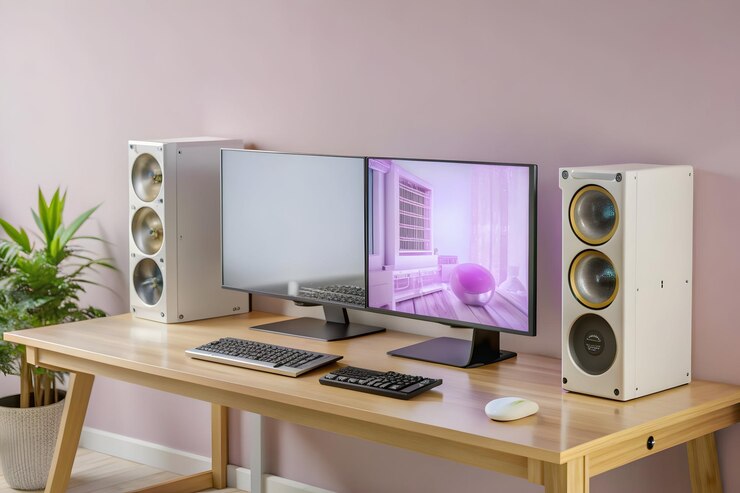 Sala de transmisión vacía con una computadora profesional y potente