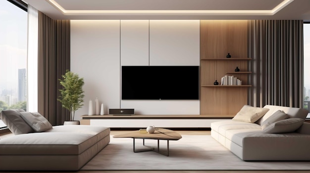 Foto sala de tv 8k sala de estar minimalista moderna con sala de estar moderna y minimalista genera ia