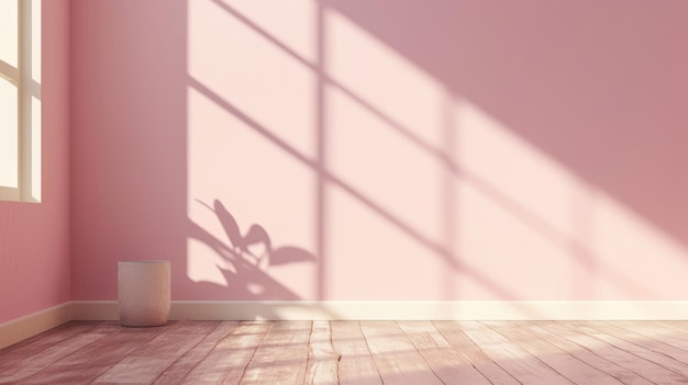 Sala vacía con fondo de pared rosado minimalista con sombra de sol para la presentación del producto