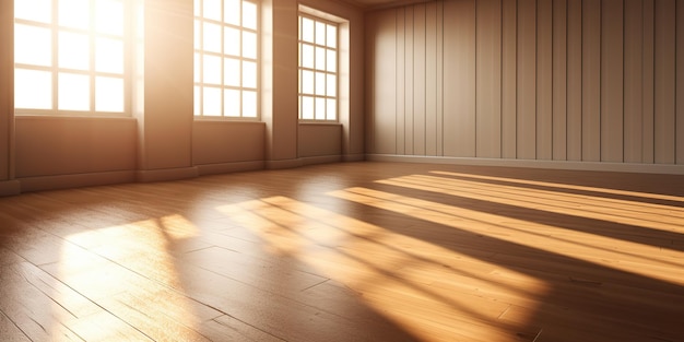 Sala vacía iluminada por el sol con gran ventana y piso de madera Arquitectura escena decorativa interior