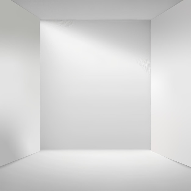 Sala vazia branca abstrata com parede branca, piso e teto sem texturas