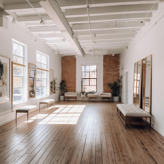 Sala vazia branca com paisagem verde na janela Design de interiores escandinavo