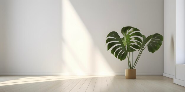 Sala vazia branca com planta monstera única design de interior minimalista escandinavo com espaço de cópia