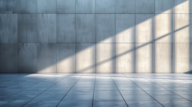 Sala vazia brilhante com azulejos de concreto no chão e luz solar brilhando pela janela