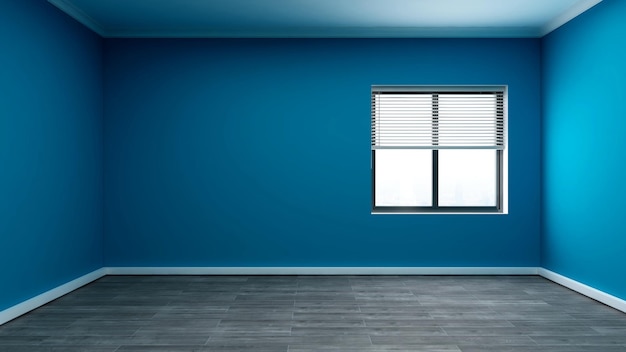 Sala vazia com a janela de piso de parquet de parede de cor azul e cortina