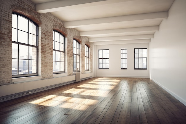 Sala vazia com muitas janelas e piso de madeira Loft vazio pronto para alugar Generative AI