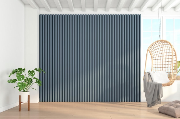 Sala vazia com parede de slat bluegray e cadeira suspensa renderização em 3d