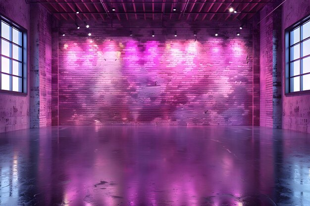 Sala vazia com parede de tijolos e iluminação roxa IA geradora