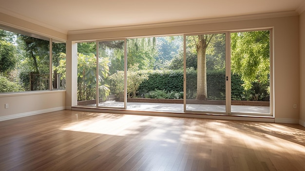 Foto sala vazia com piso de madeira e janela grande