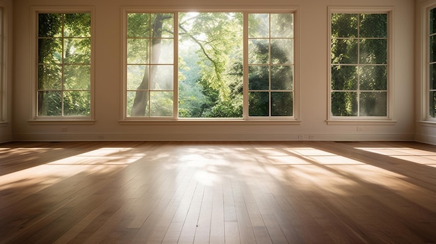 Sala vazia com piso de madeira e janela grande