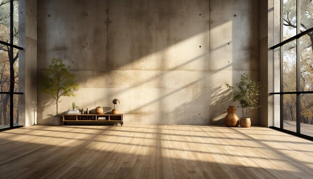 Sala Vazia com Piso de Madeira e Parede de Concreto