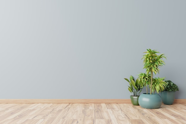 Sala vazia com plantas maquete tem piso de madeira, renderização em 3d