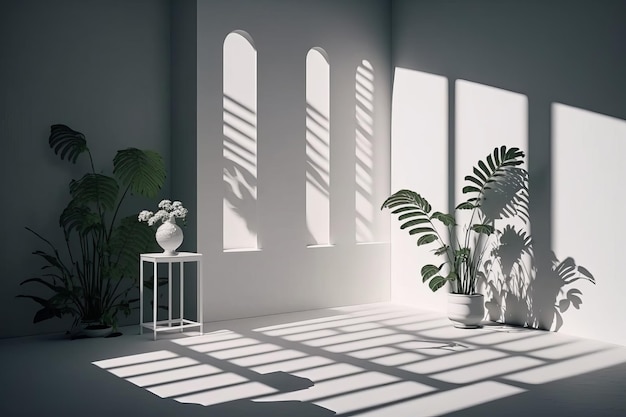 Sala vazia com sombras de janela e flores e palma Ilustração AI Generative