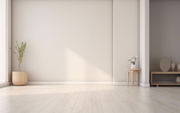 Sala vazia com uma parede branca e uma planta em cima da mesa