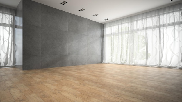 Sala vazia de design moderno com piso em parquet renderização 3D 2