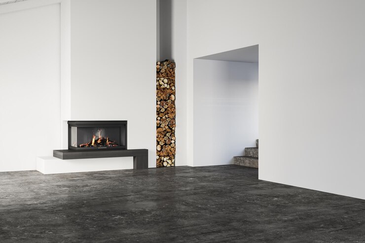 Foto sala vazia de estilo escandinavo com lareira moderna empilhada de lenha, chão de concreto e janela com vista para o oceano, design minimalista e natural, renderização 3d