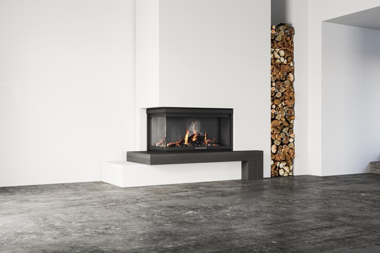 Foto sala vazia de estilo escandinavo com lareira moderna empilhada de lenha, chão de concreto e janela com vista para o oceano, design minimalista e natural, renderização 3d
