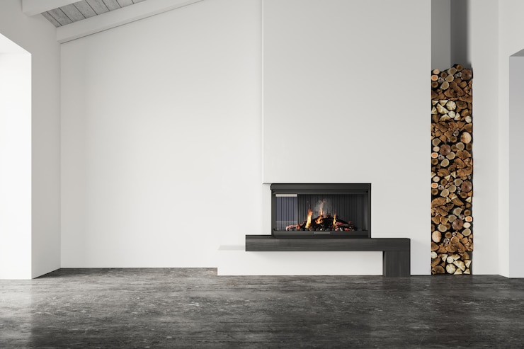 Foto sala vazia de estilo escandinavo com lareira moderna empilhada de lenha, chão de concreto e janela com vista para o oceano, design minimalista e natural, renderização 3d
