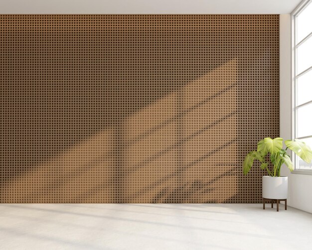 Foto sala vazia de estilo japonês decorada com parede de grade de madeira e parede de lâminas de madeira piso de concreto branco renderização 3d