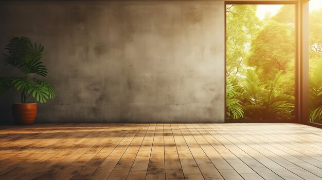 Sala vazia de loft contemporâneo moderno com plantas no piso de madeira IA generativa