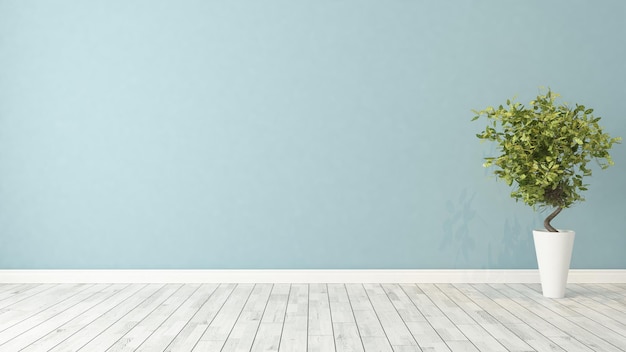 Sala vazia de parede azul com planta verde em vaso renderização em 3d
