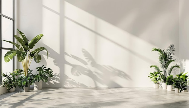 Sala vazia de parede branca com plantas dispostas no chão infundindo o espaço com frescura natural