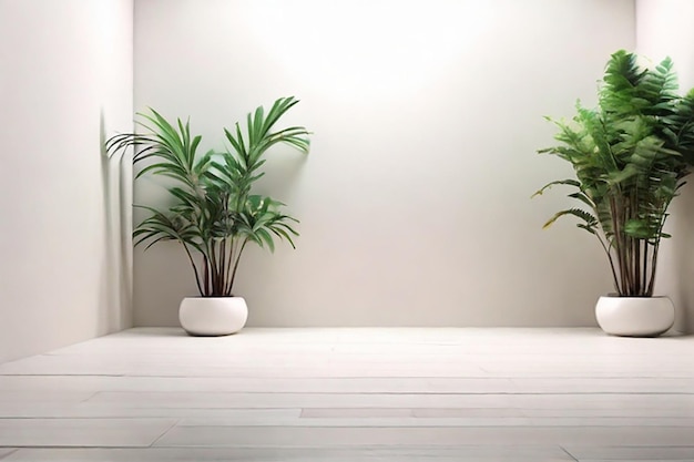 Sala vazia de parede branca com plantas florais em um chão ao lado de uma janela de vidro Rendering de fundo