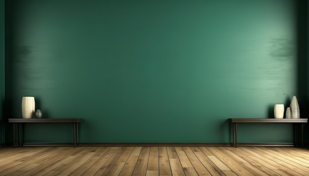 sala vazia de parede verde escura com piso de madeira renderização em 3d