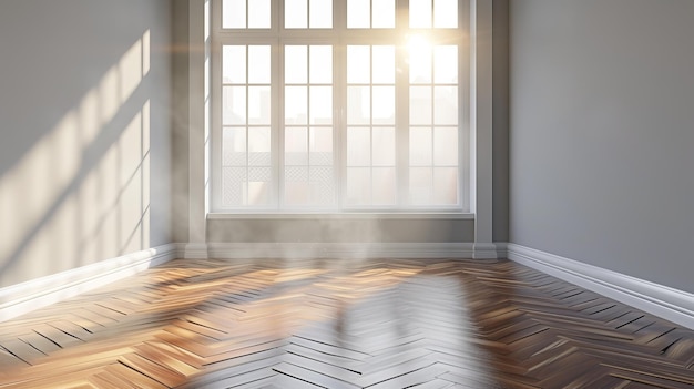 Sala vazia e brilhante com chão de parquet e grande janela