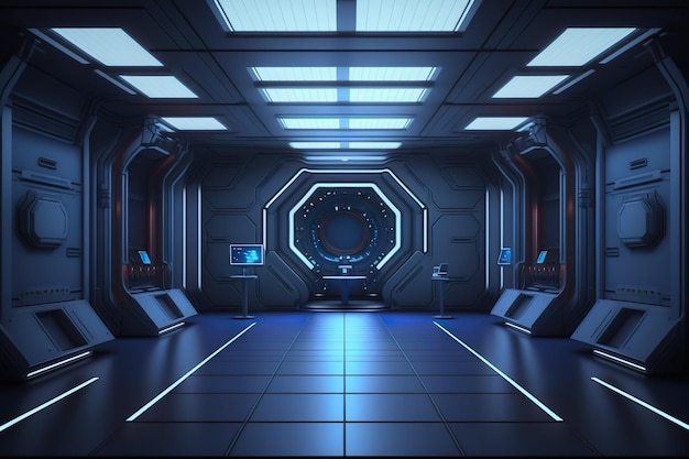Sala vazia Futuristic SciFi Hallway Interior nave espacial Generative AI
