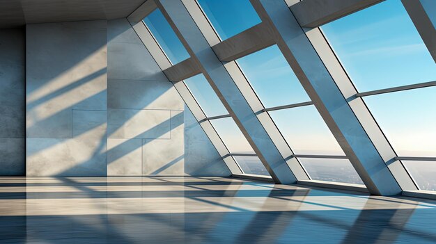 Sala vazia geométrica moderna interior com grandes janelas sombras de luz e reflexos IA generativa