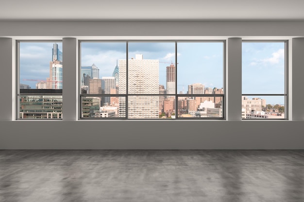 Sala vazia Interior Arranha-céus Vista da cidade Centro da cidade Filadélfia Skyline Edifícios da janela de arranha-céus Lindos imóveis Dia hora Renderização em 3d