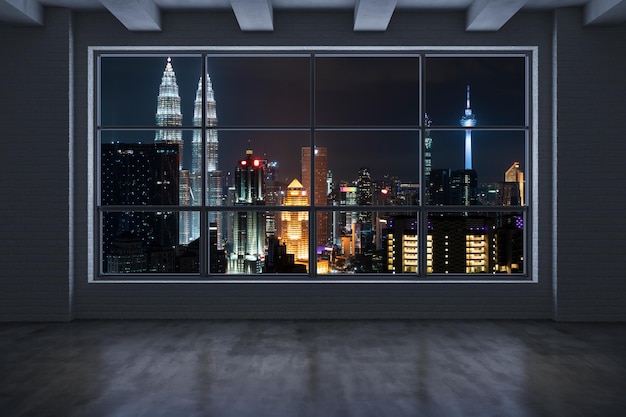 Sala vazia Interior Arranha-céus Vista Malásia Downtown Kuala Lumpur City Skyline Edifícios da janela do arranha-céu Belos imóveis caros com vista para a noite renderização em 3d