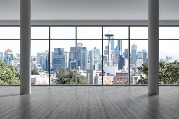 Foto sala vazia interior arranha-céus vista vista da cidade centro da cidade de seattle skyline edifícios da janela do arranha-céu belas imobiliárias durante o dia renderização em 3d