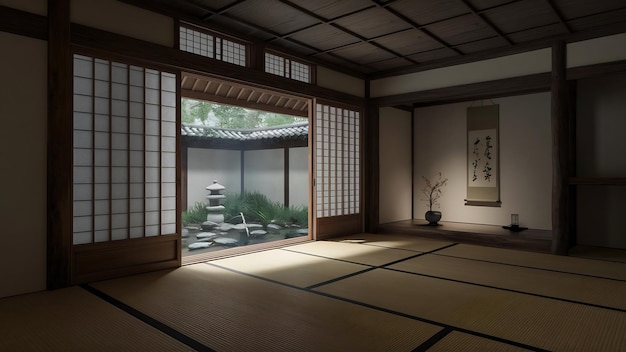 Sala vazia interior estilo japonês renderização 3D