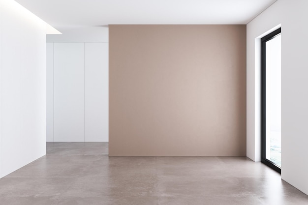 Sala vazia minimalista com fundos bege e brancos, piso de concreto, raio de sol, casa aconchegante, interior.