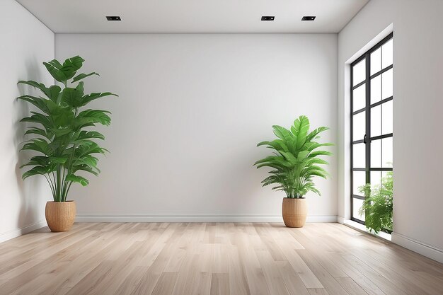 Sala vazia minimalista com parede branca e chão de madeira e plantas verdes interiores renderização 3d