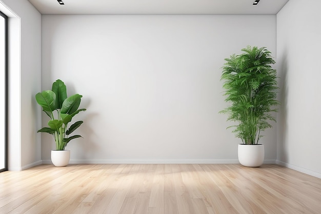 Sala vazia minimalista com parede branca e chão de madeira e plantas verdes interiores renderização 3d