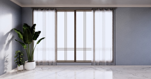 Sala vazia - Sala limpa, design interior minimalista, parede azul no piso de ladrilhos de granito. Renderização 3d
