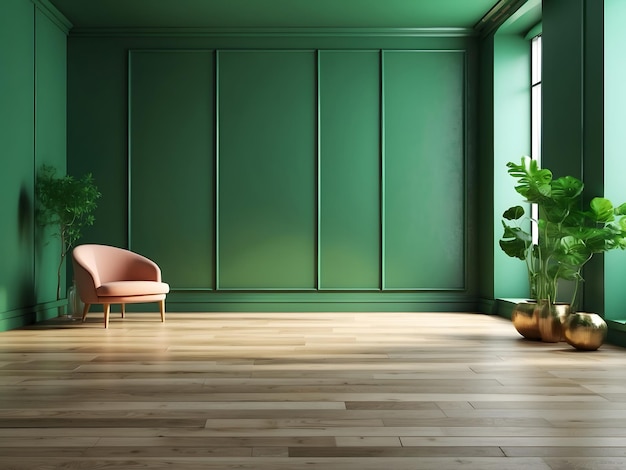 Sala vazia verde com um chão de madeira e uma parede espaço de cópia livre papel de parede de fundo