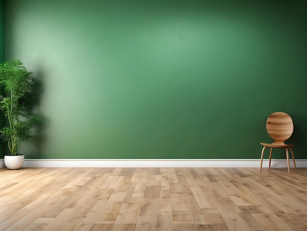 Sala vazia verde com um chão de madeira e uma parede espaço de cópia livre papel de parede de fundo