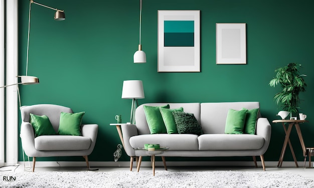 Sala verde com sofá branco e tapete branco.