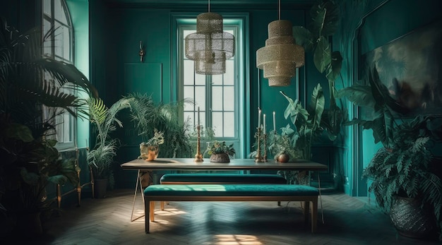 Una sala verde con una mesa y plantas al fondo.